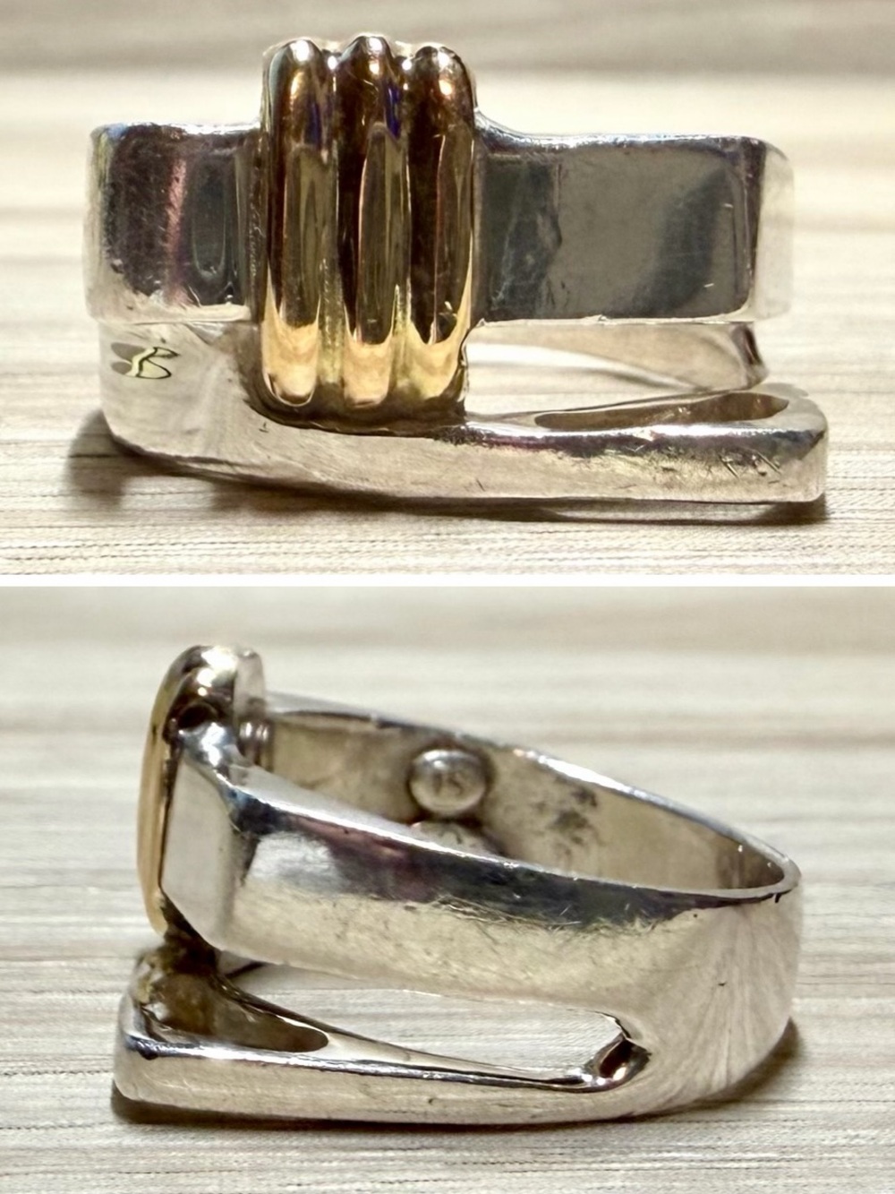 Vintage Designer Signed 950 Silver & 18K Gold Modernist Ring, Size 7.5, 7.4g